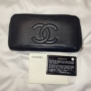 Black Caviar Leather Zip Wallet with Silver Hardware